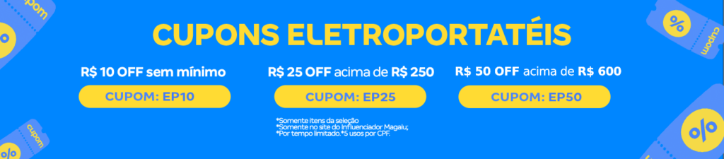 Atualmente, o Magalu oferece diversas promoções e cupons de desconto para a compra de eletroportáteis. 

Além disso, durante a Liquidação Fantástica, a Magalu disponibilizou vários cupons de desconto em produtos como fritadeiras Air Fryer, robôs aspiradores e liquidificadores.