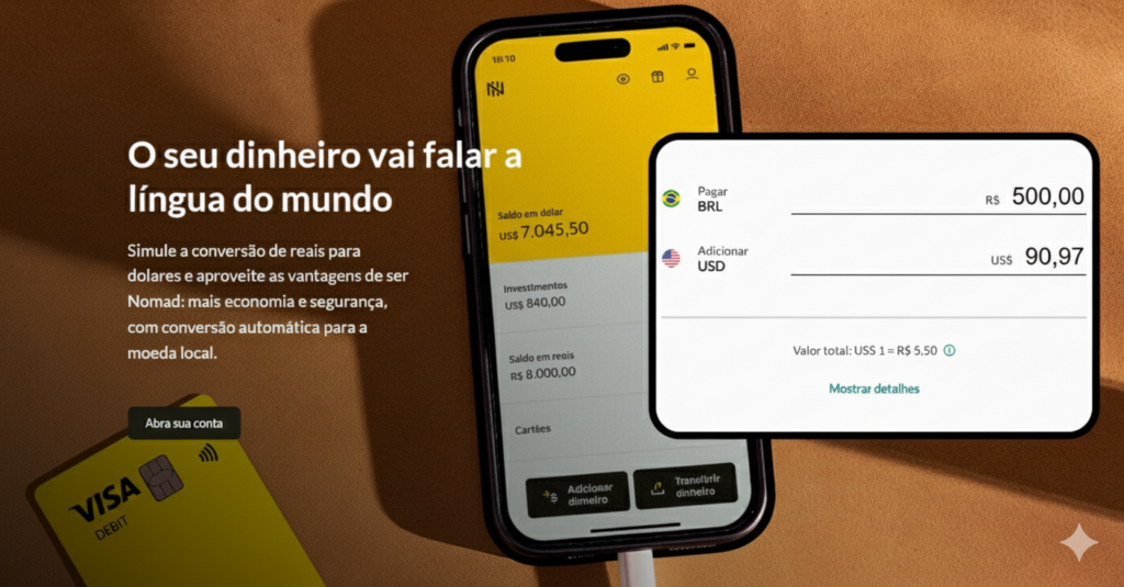 Nomad é mais do que uma fintech: é a sua porta de entrada para o mundo financeiro global. Com soluções que acompanham o seu ritmo, onde quer que você esteja, a Nomad oferece uma conta internacional completa, cartão de débito aceito mundialmente, consultoria para investimentos globais e benefícios exclusivos que tornam cada experiência mais prática e vantajosa.
Viajar, investir, receber pagamentos ou simplesmente viver sem fronteiras — tudo isso se torna possível com a Nomad, que transforma a forma como você se conecta ao dinheiro e às oportunidades ao redor do planeta.
