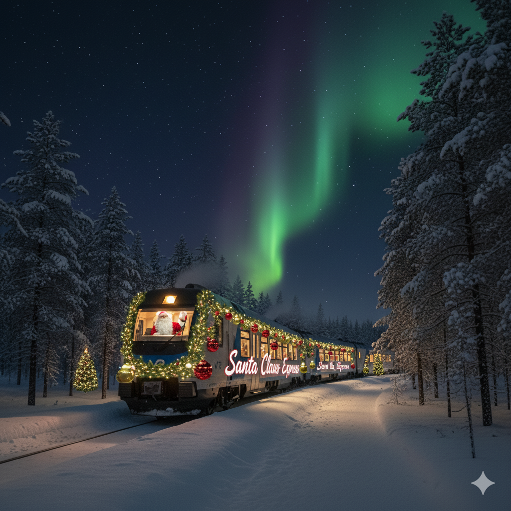 Santa Claus Express: Mais do que um trem noturno, é o prelúdio da sua aventura na Lapônia. Esqueça as longas horas de voo ou a fadiga da estrada. Imagine adormecer em uma cabine aconchegante em Helsinque e acordar no coração coberto de neve de Rovaniemi, a cidade oficial do Papai Noel. Este serviço lendário da VR não é apenas um meio de transporte; é uma experiência mágica que te leva diretamente ao Círculo Polar Ártico, combinando o charme da viagem ferroviária com o conforto de um hotel sobre trilhos. Prepare-se para trocar a paisagem urbana pelas florestas silenciosas e estreladas da Finlândia. Sua jornada para encontrar a Aurora Boreal e a magia do Natal começa aqui.