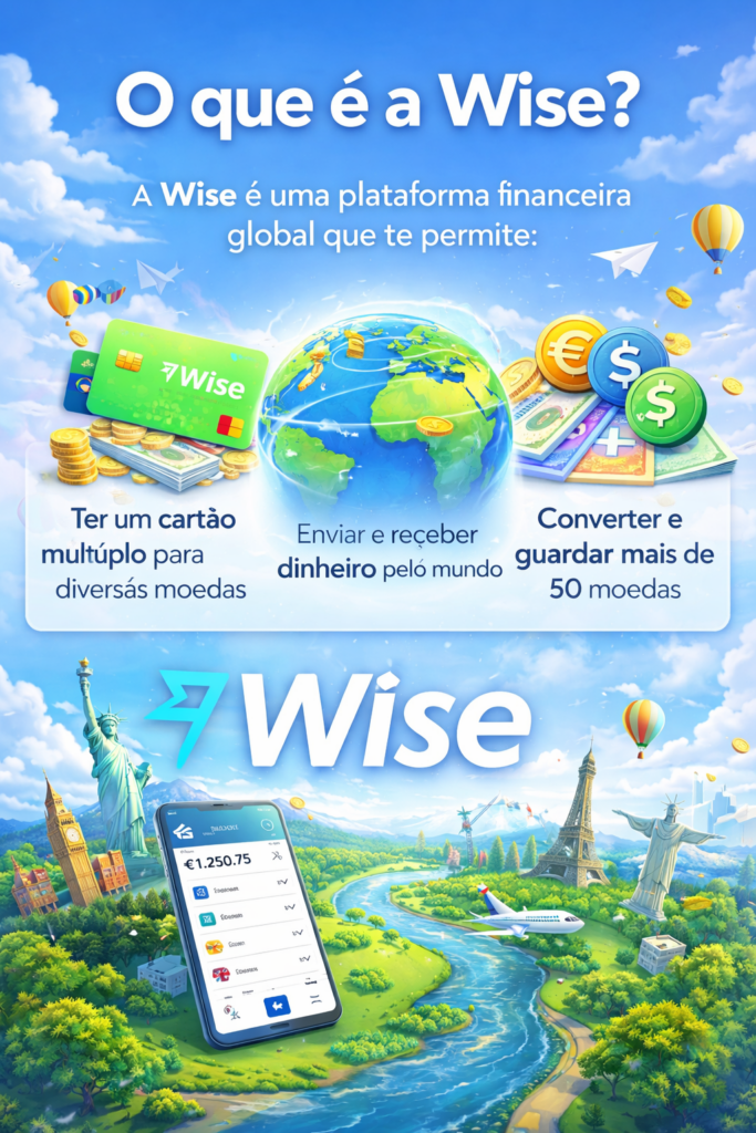 Conta Global Wise — seu dinheiro sem fronteiras! Imagine uma conta que funciona como banco internacional e casa de câmbio ao mesmo tempo, simplificando sua vida financeira em qualquer lugar do mundo. Com a Conta Global Wise, você tem tudo isso ao alcance de um clique — sem tarifas escondidas e com total transparência.