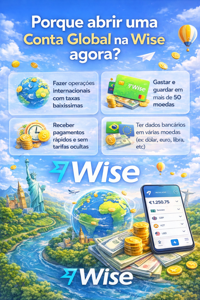 Conta Global Wise — seu dinheiro sem fronteiras! Imagine uma conta que funciona como banco internacional e casa de câmbio ao mesmo tempo, simplificando sua vida financeira em qualquer lugar do mundo. Com a Conta Global Wise, você tem tudo isso ao alcance de um clique — sem tarifas escondidas e com total transparência.