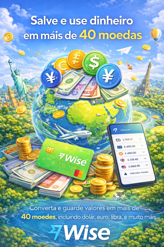 Conta Global Wise — seu dinheiro sem fronteiras! Imagine uma conta que funciona como banco internacional e casa de câmbio ao mesmo tempo, simplificando sua vida financeira em qualquer lugar do mundo. Com a Conta Global Wise, você tem tudo isso ao alcance de um clique — sem tarifas escondidas e com total transparência.