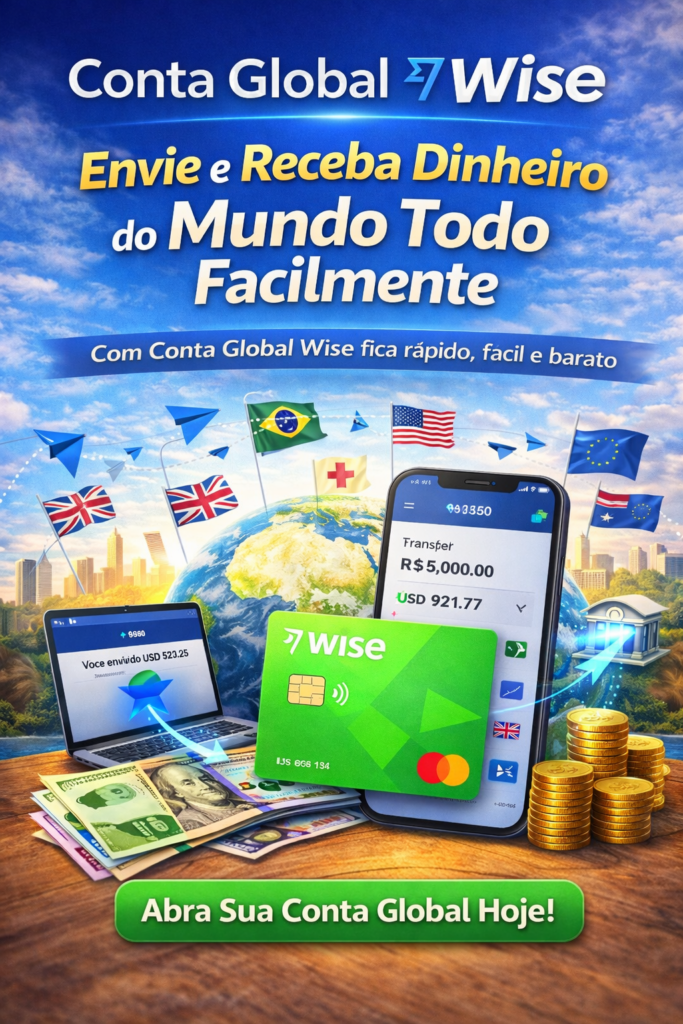 Conta Global Wise — seu dinheiro sem fronteiras! Imagine uma conta que funciona como banco internacional e casa de câmbio ao mesmo tempo, simplificando sua vida financeira em qualquer lugar do mundo. Com a Conta Global Wise, você tem tudo isso ao alcance de um clique — sem tarifas escondidas e com total transparência.
