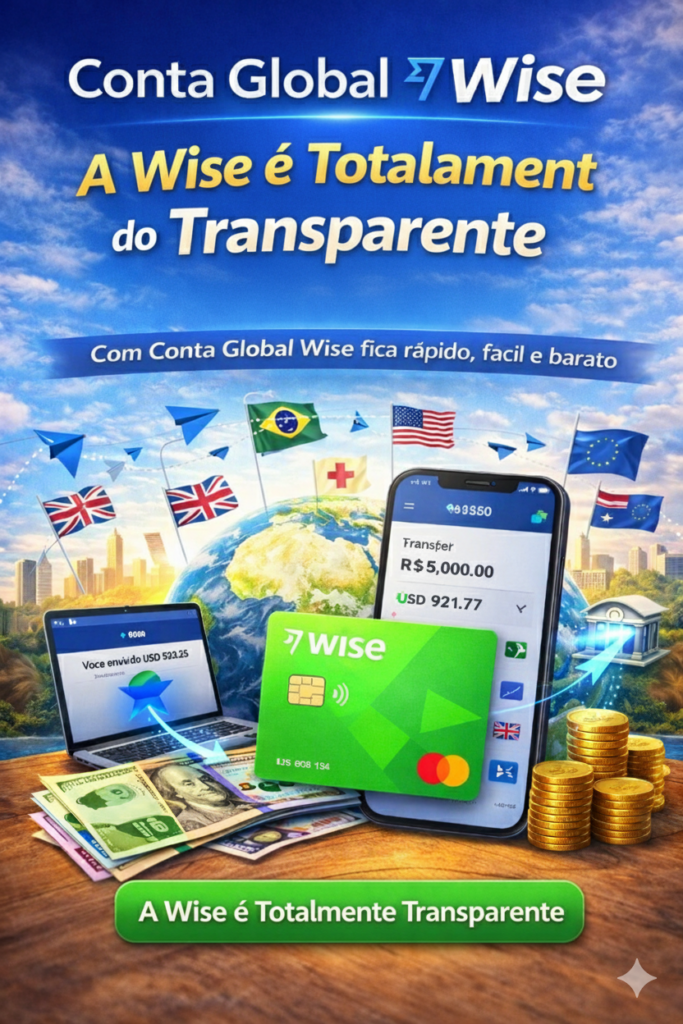 Conta Global Wise — seu dinheiro sem fronteiras! Imagine uma conta que funciona como banco internacional e casa de câmbio ao mesmo tempo, simplificando sua vida financeira em qualquer lugar do mundo. Com a Conta Global Wise, você tem tudo isso ao alcance de um clique — sem tarifas escondidas e com total transparência.