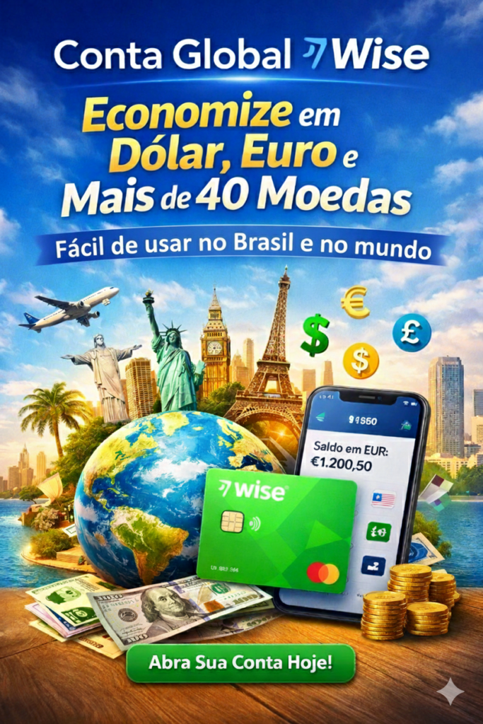 Conta Global Wise — seu dinheiro sem fronteiras! Imagine uma conta que funciona como banco internacional e casa de câmbio ao mesmo tempo, simplificando sua vida financeira em qualquer lugar do mundo. Com a Conta Global Wise, você tem tudo isso ao alcance de um clique — sem tarifas escondidas e com total transparência.