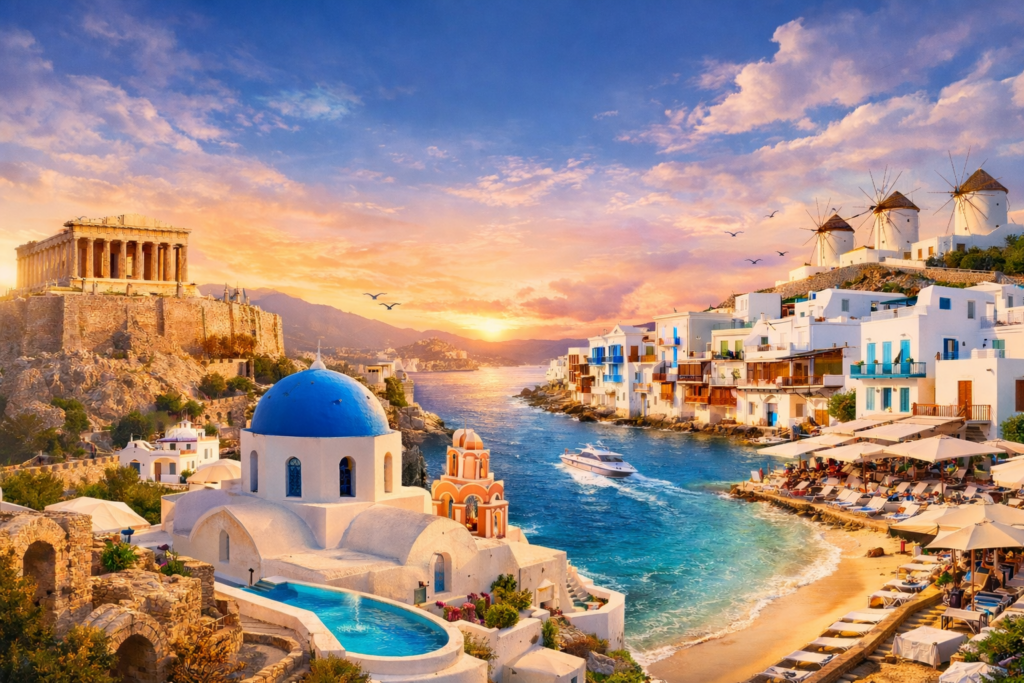 Grécia Atenas, Santorini e Mykonos são destinos inesquecíveis que combinam história milenar, ilhas paradisíacas, gastronomia única e paisagens de tirar o fôlego. Descubra por que viajar para a Grécia é o sonho de milhões de viajantes.