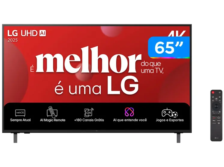 Smart TV 65" LG 4K Ultra HD 65UA8550PSA com AI Processor Gen8, webOS 25, Alexa integrada e 3 HDMI. Imagem incrível, tecnologia avançada e ótimo custo-benefício.