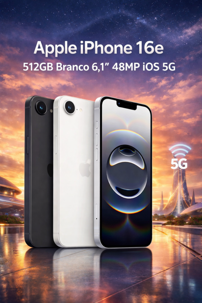 Apple iPhone 16e 512GB Branco 6,1” 48MP iOS 5G é perfeito para quem busca alto desempenho, muito espaço, câmera poderosa e velocidade 5G em um design elegante e moderno.
