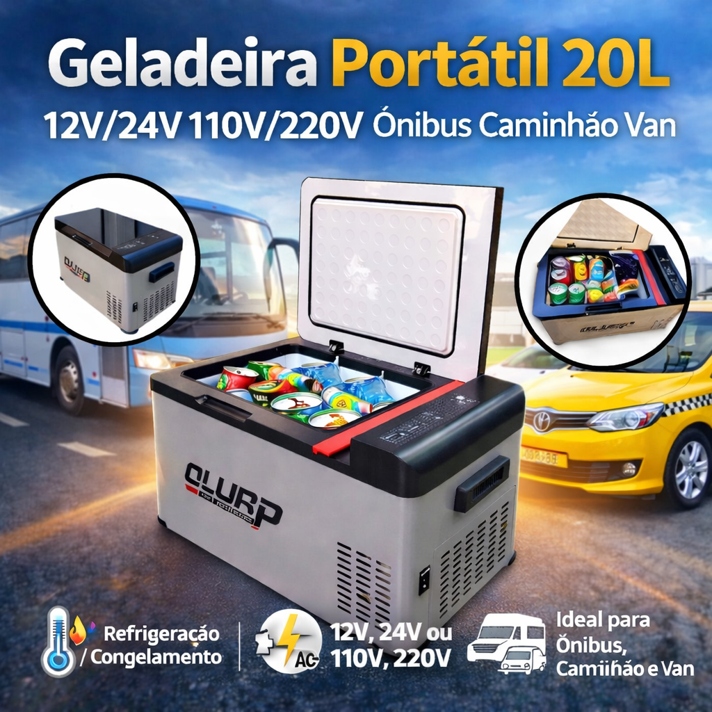 Geladeira Portátil 20L 12V/24V 110V/220V ideal para ônibus, caminhão, van e táxi. Compacta, econômica, refrigera e congela com eficiência. Conforto e praticidade na estrada.