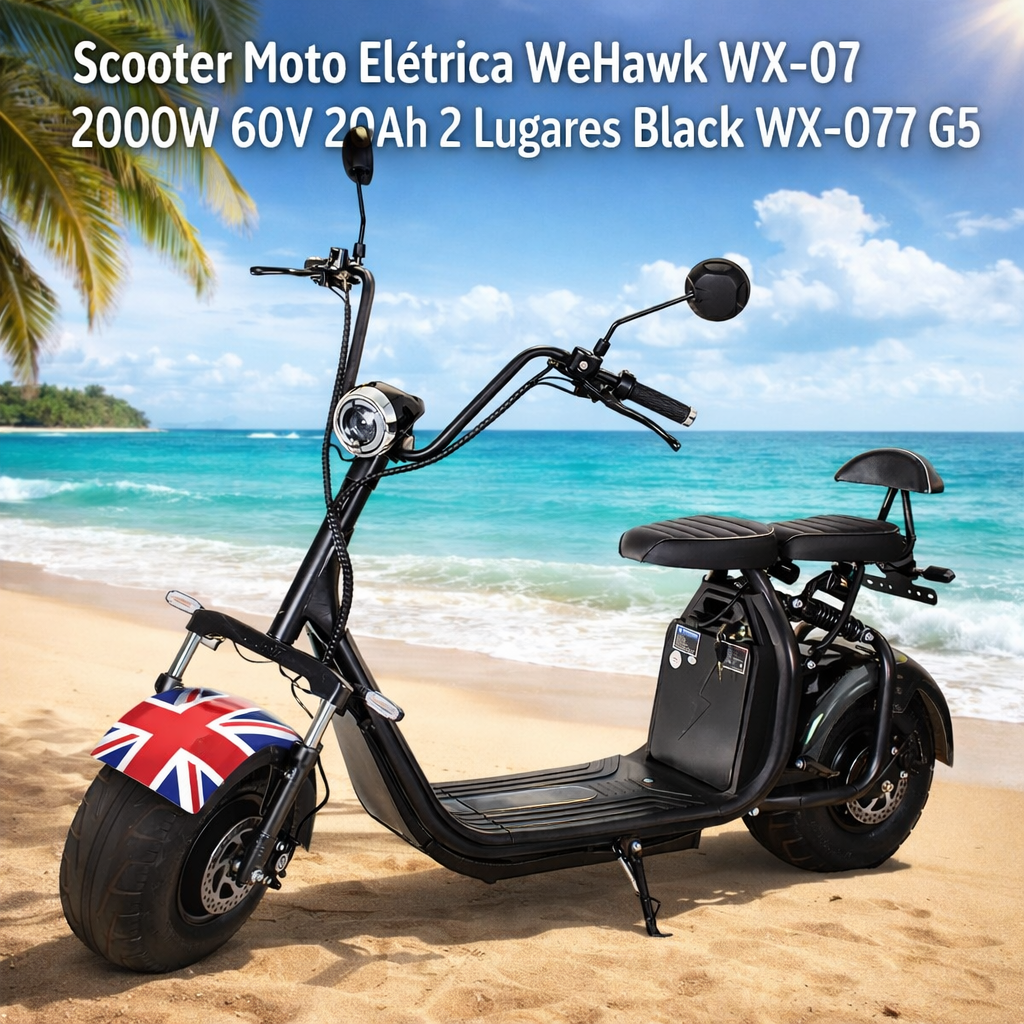 Scooter Moto Elétrica WeHawk WX-07 2000W 60V 20Ah 2 Lugares oferece potência, economia e mobilidade sustentável, ideal para o dia a dia urbano com conforto e estilo.