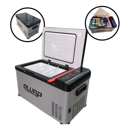 Geladeira Portátil 20L 12V/24V 110V/220V ideal para ônibus, caminhão, van e táxi. Compacta, econômica, refrigera e congela com eficiência. Conforto e praticidade na estrada.