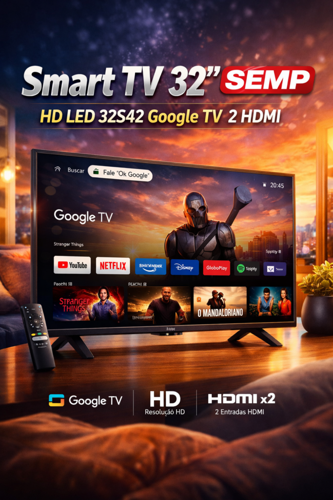 A Smart TV 32" SEMP HD LED é a escolha perfeita para quem busca qualidade de imagem, tecnologia inteligente e excelente custo-benefício. Com resolução HD, ela entrega imagens nítidas, cores vibrantes e ótimo nível de contraste, tornando seus filmes, séries e programas muito mais envolventes no dia a dia.

Equipada com Google TV, essa Smart TV oferece acesso rápido e intuitivo aos principais aplicativos de streaming, como Netflix, YouTube, Prime Video, Disney+ e muitos outros, tudo organizado de forma inteligente para facilitar sua navegação. Além disso, o comando de voz com Google Assistente traz ainda mais praticidade, permitindo buscar conteúdos e controlar funções apenas falando.