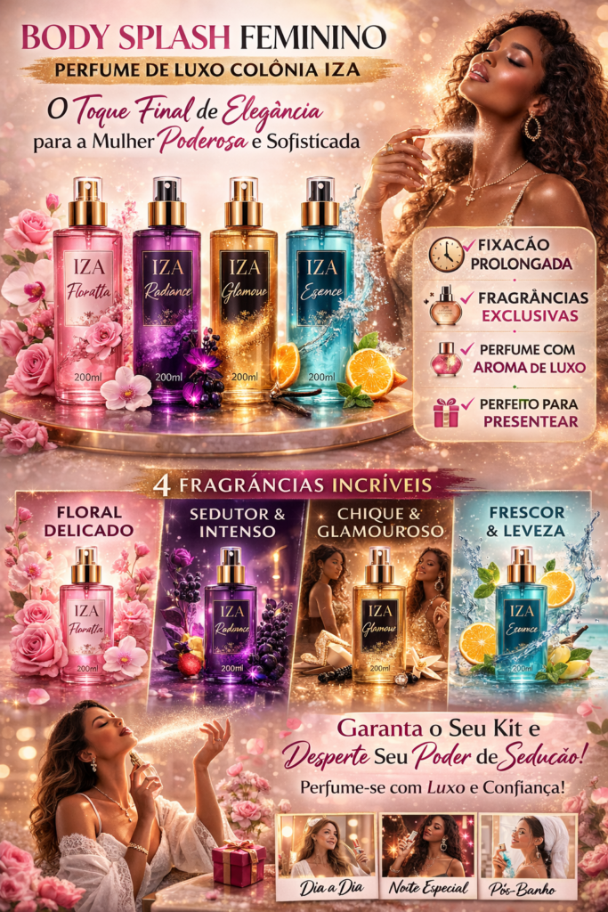 Body Splash Feminino: sinta-se confiante, poderosa e marcante todos os dias. Descubra fragrâncias irresistíveis que fixam na pele e elevam sua presença. Garanta o seu e deixe sua marca por onde passar!