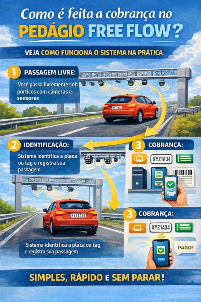 Pedágio Free Flow: entenda como funciona o sistema de cobrança automática sem paradas, suas vantagens, segurança, tecnologia utilizada e onde já está em operação no Brasil.