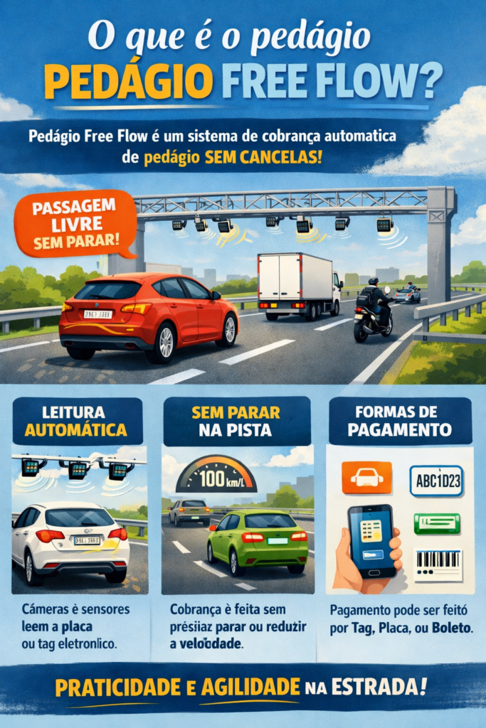 Pedágio Free Flow: entenda como funciona o sistema de cobrança automática sem paradas, suas vantagens, segurança, tecnologia utilizada e onde já está em operação no Brasil.