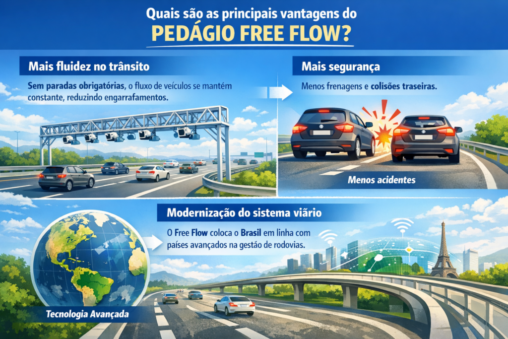 Pedágio Free Flow: entenda como funciona o sistema de cobrança automática sem paradas, suas vantagens, segurança, tecnologia utilizada e onde já está em operação no Brasil.