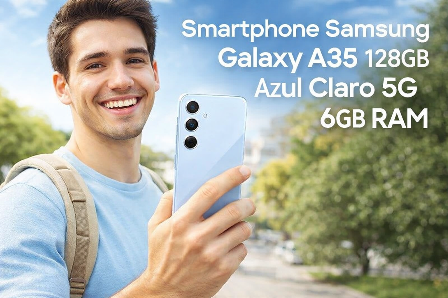 Samsung Galaxy A35 128GB Azul Claro 5G 6GB RAM com desempenho rápido, tela Super AMOLED vibrante e câmera incrível para fotos nítidas. Ideal para quem busca velocidade, estilo e excelente custo-benefício.