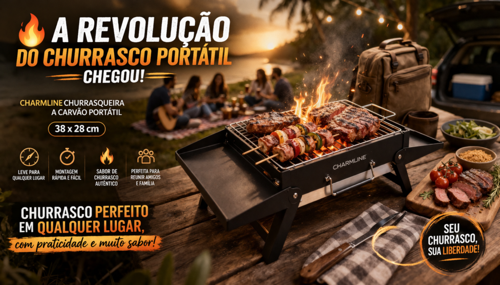 Charmline Churrasqueira Portátil é a escolha perfeita para quem quer praticidade, mobilidade e o verdadeiro sabor do churrasco em qualquer lugar — leve, compacta e ideal para momentos inesquecíveis com amigos e família! 🔥🍖