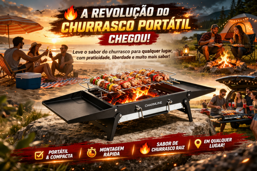 Charmline Churrasqueira Portátil é a escolha perfeita para quem quer praticidade, mobilidade e o verdadeiro sabor do churrasco em qualquer lugar — leve, compacta e ideal para momentos inesquecíveis com amigos e família! 🔥🍖