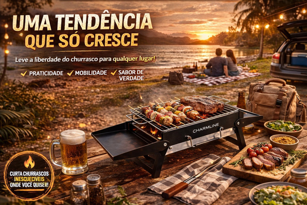 Charmline Churrasqueira Portátil é a escolha perfeita para quem quer praticidade, mobilidade e o verdadeiro sabor do churrasco em qualquer lugar — leve, compacta e ideal para momentos inesquecíveis com amigos e família! 🔥🍖