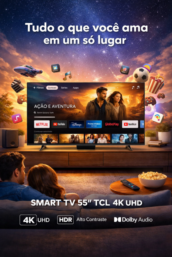 Smart TV 55" TCL 4K transforma sua sala em um verdadeiro cinema, com imagens impressionantes, cores vibrantes e tecnologia que conecta você a tudo o que ama em segundos. 🎬✨ Com resolução 4K Ultra HD, cada detalhe ganha vida com nitidez surpreendente e contraste envolvente, proporcionando uma experiência visual imersiva para filmes, séries, esportes e games.
Equipada com sistema inteligente, navegação rápida e acesso facilitado aos principais aplicativos de streaming, ela oferece praticidade no dia a dia e entretenimento sem limites. O design moderno e elegante valoriza qualquer ambiente, enquanto o áudio potente completa a experiência para você sentir cada cena como se estivesse lá.
É mais do que assistir TV — é viver cada momento com intensidade, conforto e tecnologia de ponta.