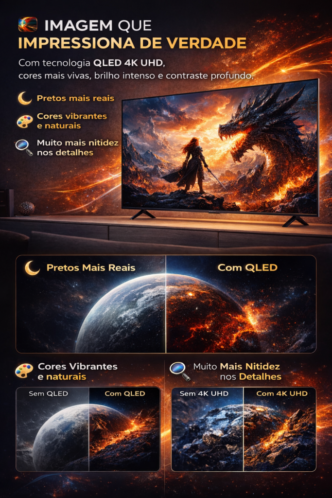 Smart TV 55" TCL 4K transforma sua sala em um verdadeiro cinema, com imagens impressionantes, cores vibrantes e tecnologia que conecta você a tudo o que ama em segundos. 🎬✨ Com resolução 4K Ultra HD, cada detalhe ganha vida com nitidez surpreendente e contraste envolvente, proporcionando uma experiência visual imersiva para filmes, séries, esportes e games.
Equipada com sistema inteligente, navegação rápida e acesso facilitado aos principais aplicativos de streaming, ela oferece praticidade no dia a dia e entretenimento sem limites. O design moderno e elegante valoriza qualquer ambiente, enquanto o áudio potente completa a experiência para você sentir cada cena como se estivesse lá.
É mais do que assistir TV — é viver cada momento com intensidade, conforto e tecnologia de ponta.