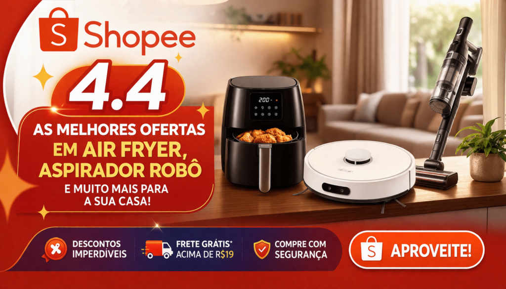 4.4 Shopee chegou com ofertas imperdíveis em air fryer, aspirador robô e muito mais — aproveite descontos reais, frete grátis e economize de verdade nas compras para sua casa!
