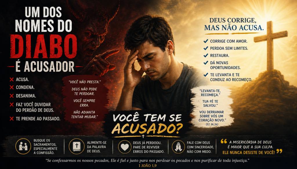 Diabo é Acusador. Ele tenta prender você na culpa excessiva, no desespero e no peso do passado. Existe um caminho para mudar tudo isso. Deus oferece misericórdia, perdão e libertação. Você tem se acusado mais do que confiado na graça divina?

