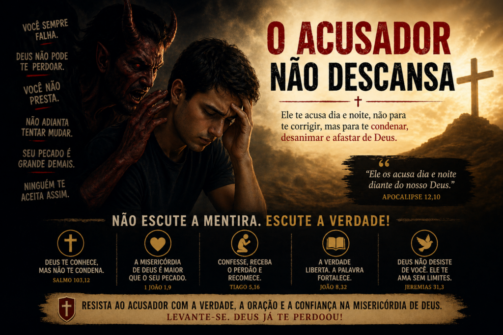 Diabo é Acusador. Ele tenta prender você na culpa excessiva, no desespero e no peso do passado. Existe um caminho para mudar tudo isso. Deus oferece misericórdia, perdão e libertação. Você tem se acusado mais do que confiado na graça divina?
