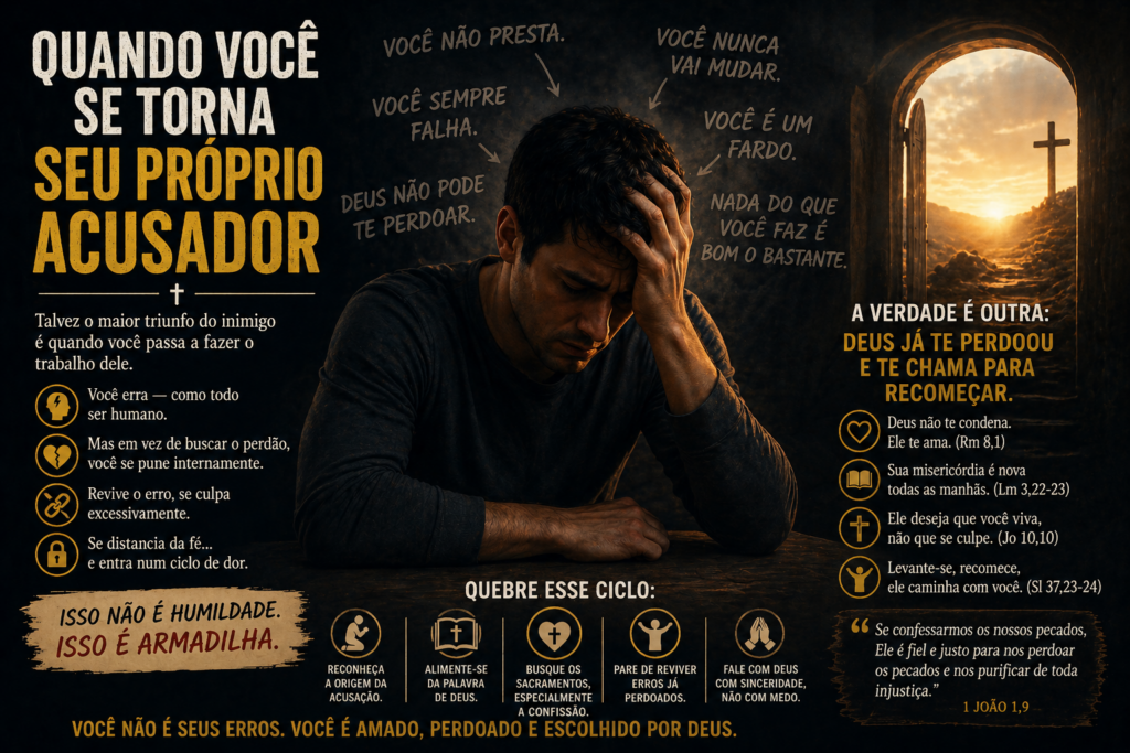 Diabo é Acusador. Ele tenta prender você na culpa excessiva, no desespero e no peso do passado. Existe um caminho para mudar tudo isso. Deus oferece misericórdia, perdão e libertação. Você tem se acusado mais do que confiado na graça divina?

