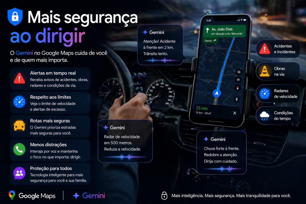 Gemini vira seu Guia no Google Maps e transforma sua navegação com inteligência artificial, rotas mais inteligentes, sugestões personalizadas e uma experiência de direção muito mais prática e eficiente.