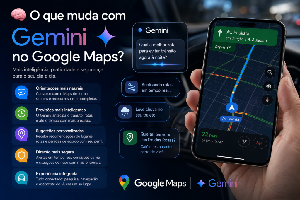 Gemini vira seu Guia no Google Maps e transforma sua navegação com inteligência artificial, rotas mais inteligentes, sugestões personalizadas e uma experiência de direção muito mais prática e eficiente.