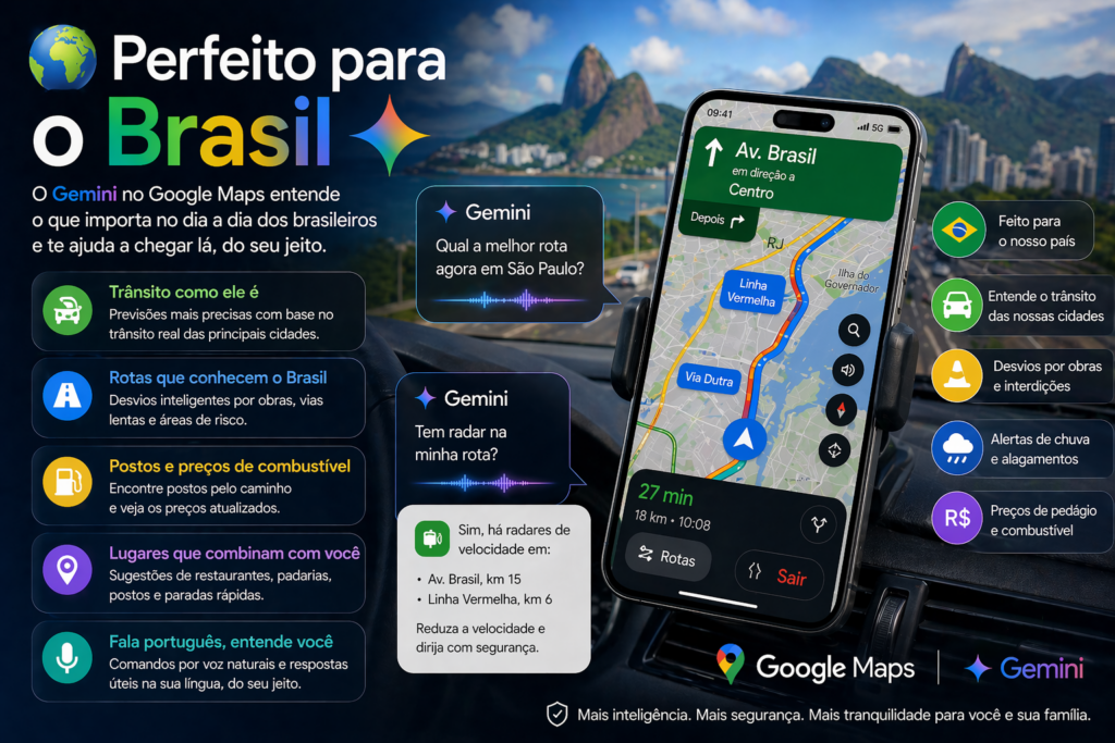 Gemini vira seu Guia no Google Maps e transforma sua navegação com inteligência artificial, rotas mais inteligentes, sugestões personalizadas e uma experiência de direção muito mais prática e eficiente.