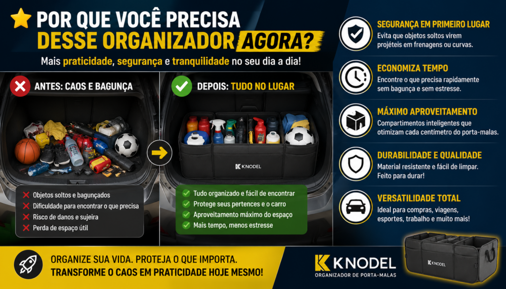 Organizador de Porta-Malas K KNODEL: descubra como transformar o caos do seu carro em organização total, economizando tempo, reduzindo o estresse e garantindo mais praticidade em cada viagem — você vai se surpreender com o resultado!