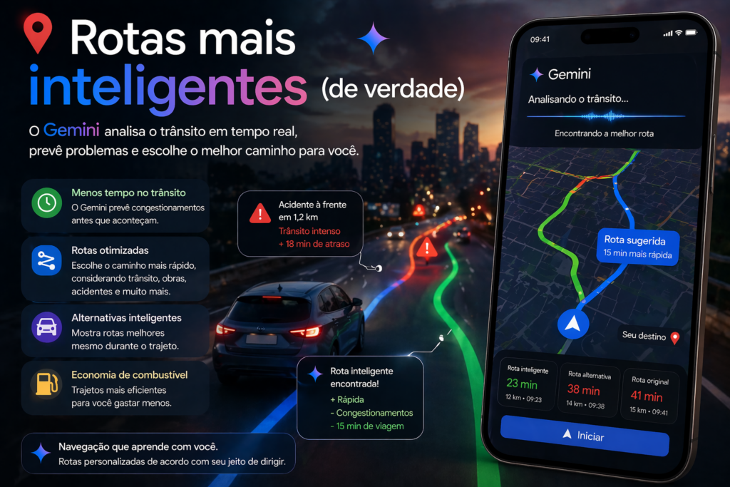 Gemini vira seu Guia no Google Maps e transforma sua navegação com inteligência artificial, rotas mais inteligentes, sugestões personalizadas e uma experiência de direção muito mais prática e eficiente.
