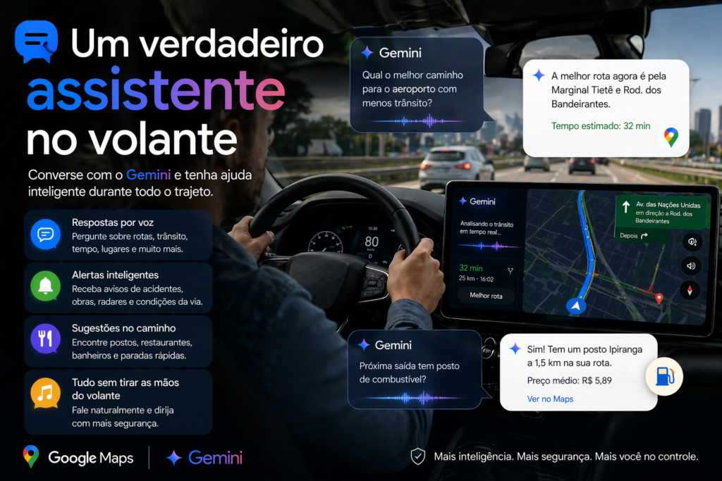 Gemini vira seu Guia no Google Maps e transforma sua navegação com inteligência artificial, rotas mais inteligentes, sugestões personalizadas e uma experiência de direção muito mais prática e eficiente.
