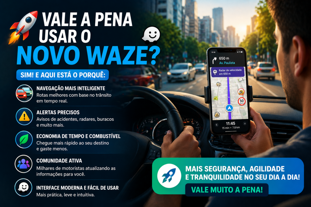 Novo Waze chegou para revolucionar sua forma de dirigir: descubra rotas mais inteligentes, alertas em tempo real e uma navegação que economiza tempo, combustível e evita o trânsito como nunca antes.
