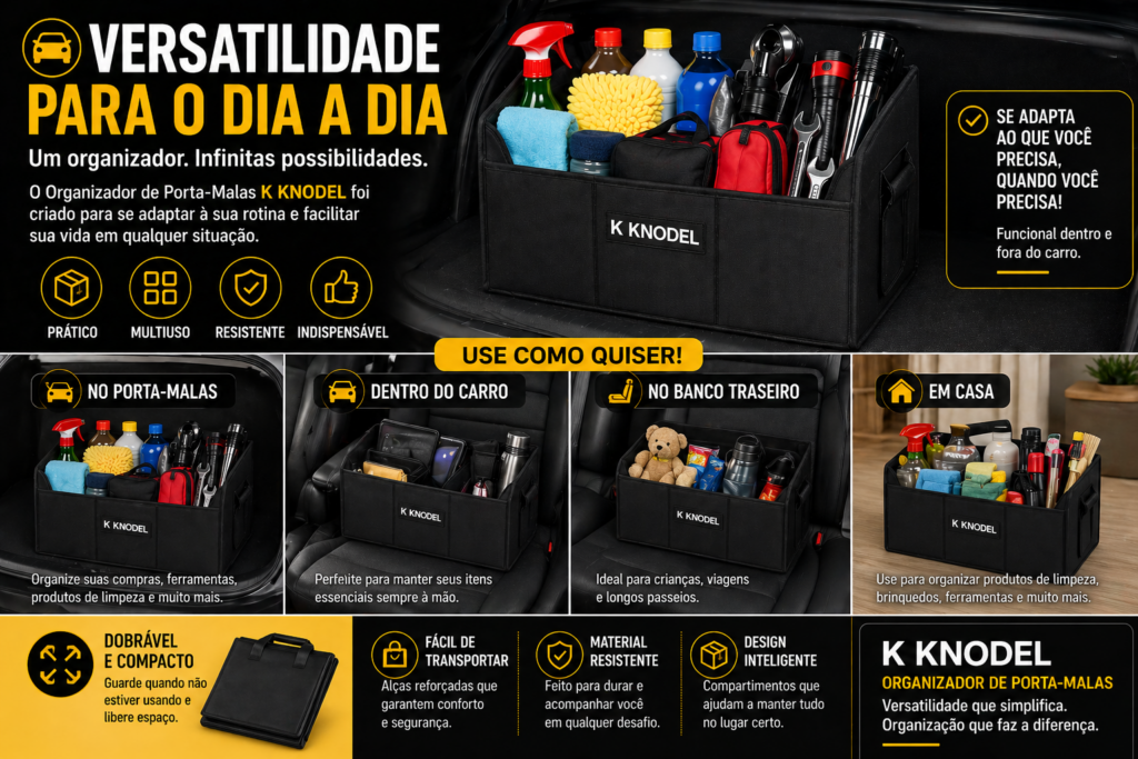 Organizador de Porta-Malas K KNODEL: descubra como transformar o caos do seu carro em organização total, economizando tempo, reduzindo o estresse e garantindo mais praticidade em cada viagem — você vai se surpreender com o resultado!