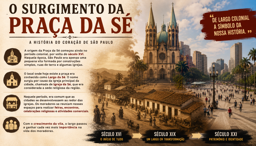 História da Praça da Sé: descubra como nasceu o principal marco histórico de São Paulo, desde o período colonial até se tornar o coração cultural, religioso e turístico da maior cidade do Brasil.