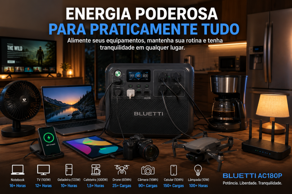 BLUETTI AC180P é a estação de energia portátil ideal para quem busca potência, autonomia e segurança em qualquer lugar. Carregue seus aparelhos, enfrente apagões e aproveite viagens, camping e home office com energia confiável, silenciosa e pronta para praticamente tudo.