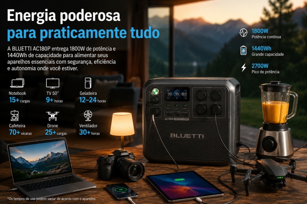 BLUETTI AC180P é a estação de energia portátil ideal para quem busca potência, autonomia e segurança em qualquer lugar. Carregue seus aparelhos, enfrente apagões e aproveite viagens, camping e home office com energia confiável, silenciosa e pronta para praticamente tudo.