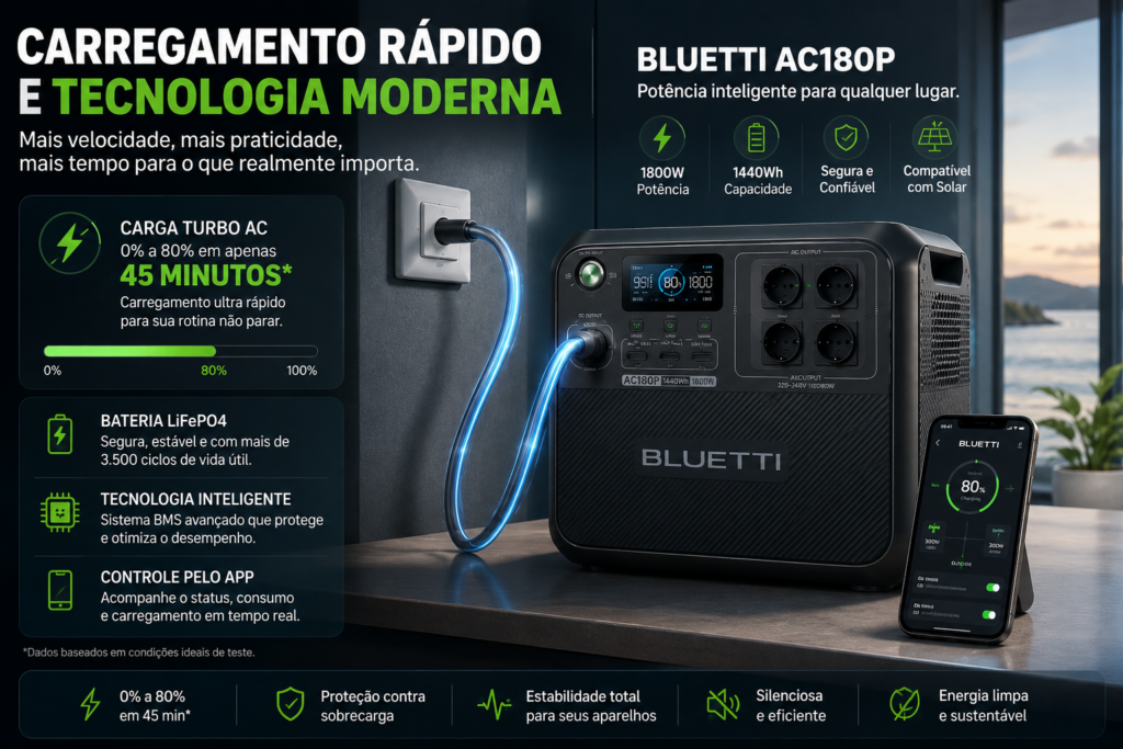 BLUETTI AC180P é a estação de energia portátil ideal para quem busca potência, autonomia e segurança em qualquer lugar. Carregue seus aparelhos, enfrente apagões e aproveite viagens, camping e home office com energia confiável, silenciosa e pronta para praticamente tudo.