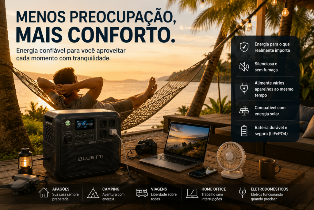 BLUETTI AC180P é a estação de energia portátil ideal para quem busca potência, autonomia e segurança em qualquer lugar. Carregue seus aparelhos, enfrente apagões e aproveite viagens, camping e home office com energia confiável, silenciosa e pronta para praticamente tudo.
