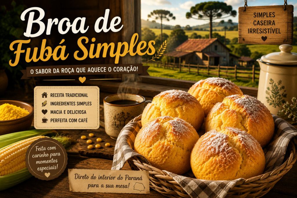 Broa de Fubá Simples 🌽🍞: descubra a receita caseira perfeita, macia e douradinha, com aquele sabor irresistível da roça mineira que combina perfeitamente com um café fresquinho! ✨☕