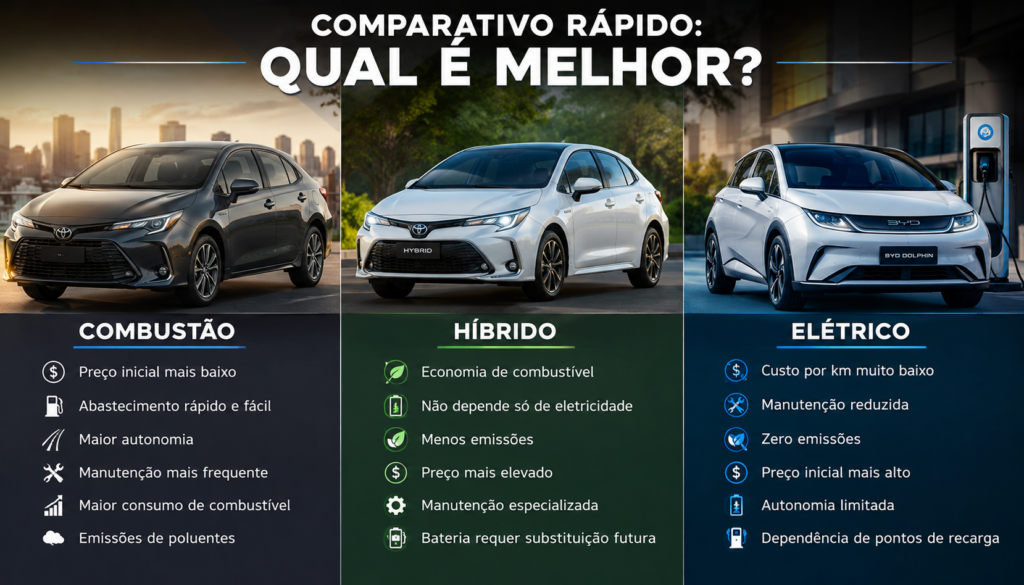Carro a combustão, híbrido ou elétrico: qual vale mais a pena no Brasil em 2026? Descubra as vantagens, custos, economia, manutenção e desempenho de cada opção antes de escolher seu próximo veículo. Veja qual tecnologia realmente compensa para o bolso e para o dia a dia do brasileiro.
