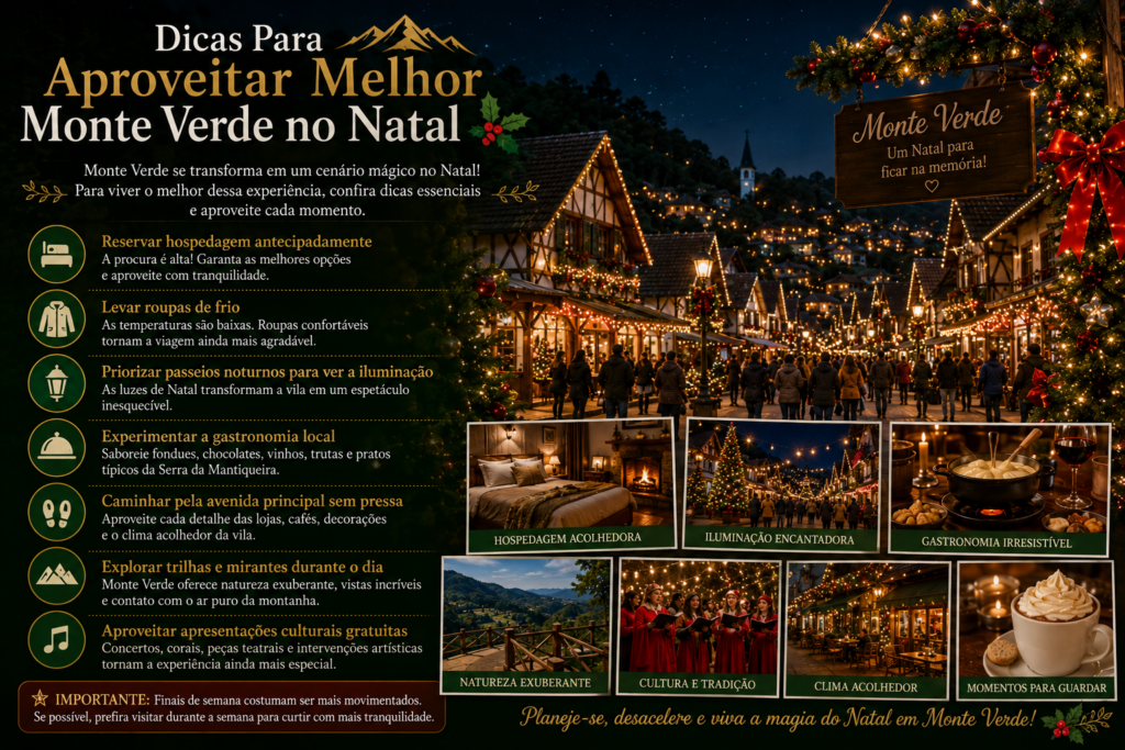 Encantos do Natal em Monte Verde: viva a magia natalina em um dos destinos mais encantadores de Minas Gerais, com luzes deslumbrantes, clima romântico, gastronomia irresistível e atrações que transformam a serra em um verdadeiro cenário de conto de Natal. ✨🎄