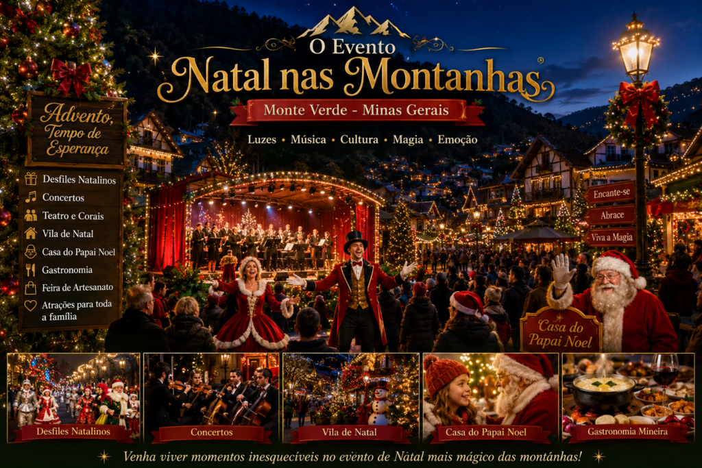 Encantos do Natal em Monte Verde: viva a magia natalina em um dos destinos mais encantadores de Minas Gerais, com luzes deslumbrantes, clima romântico, gastronomia irresistível e atrações que transformam a serra em um verdadeiro cenário de conto de Natal. ✨🎄