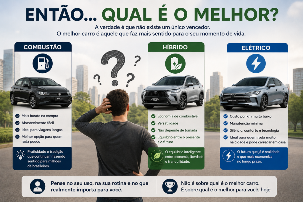 Carro a combustão, híbrido ou elétrico: qual vale mais a pena no Brasil em 2026? Descubra as vantagens, custos, economia, manutenção e desempenho de cada opção antes de escolher seu próximo veículo. Veja qual tecnologia realmente compensa para o bolso e para o dia a dia do brasileiro.
