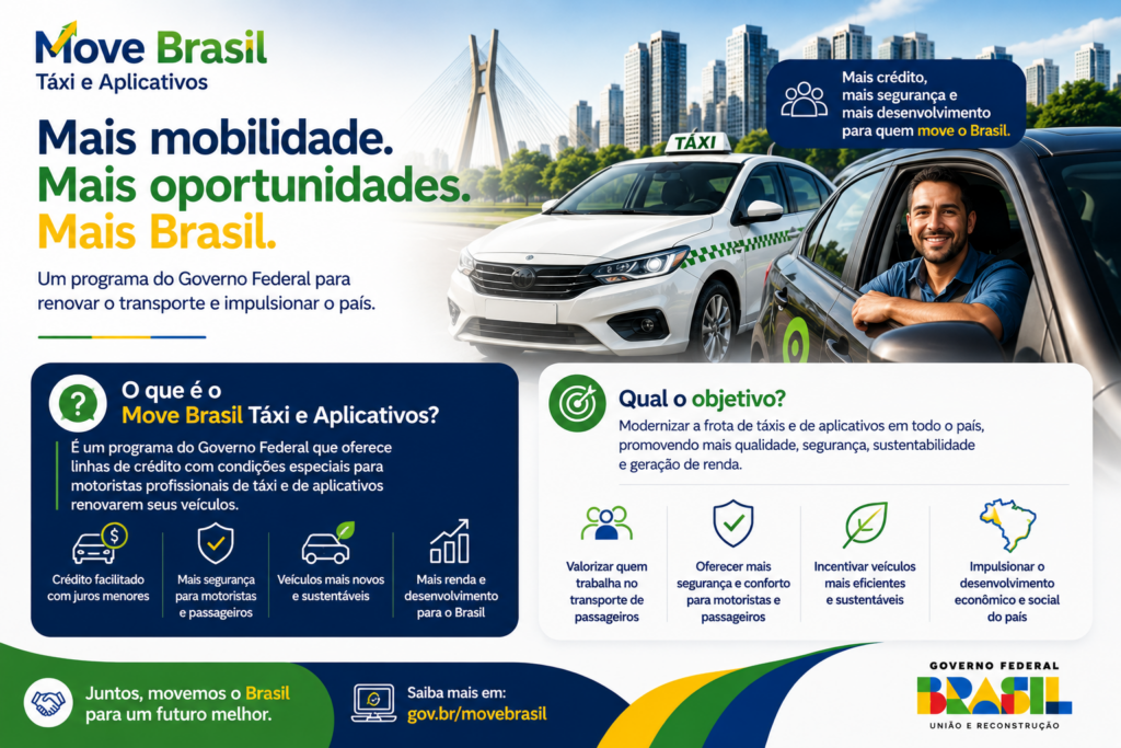 Move Brasil Táxi e Aplicativos é o programa que promete transformar a mobilidade no Brasil, oferecendo condições especiais, menos burocracia, segurança digital e oportunidades reais para taxistas e motoristas de aplicativo renovarem seus veículos com mais facilidade, economia e proteção contra golpes.