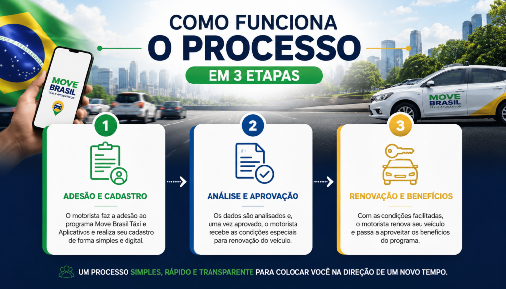 Move Brasil Táxi e Aplicativos é o programa que promete transformar a mobilidade no Brasil, oferecendo condições especiais, menos burocracia, segurança digital e oportunidades reais para taxistas e motoristas de aplicativo renovarem seus veículos com mais facilidade, economia e proteção contra golpes.
